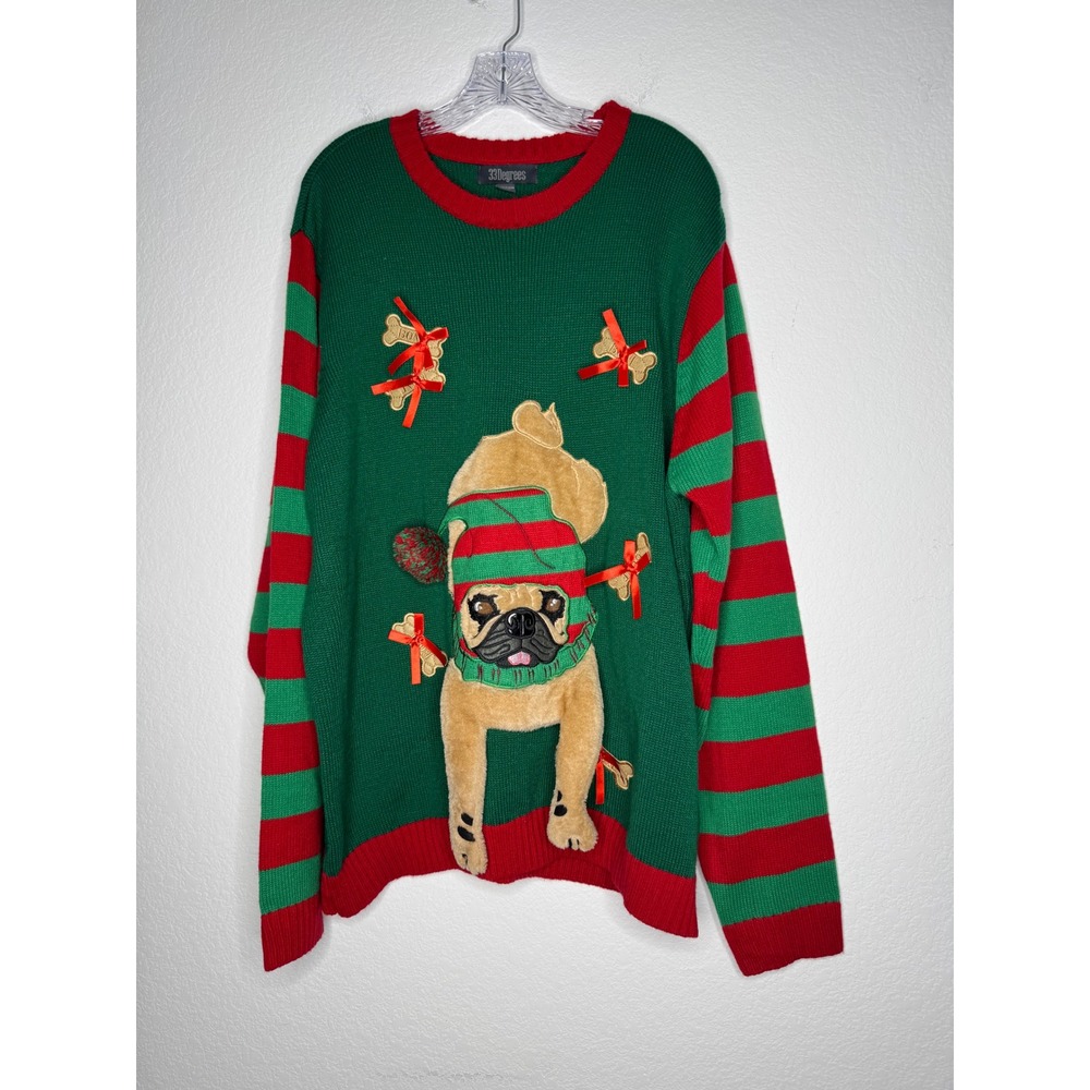 33 Degrees Mens XXL Ugly Christmas Sweater 3D Plush Pug Dog Green Red Striped